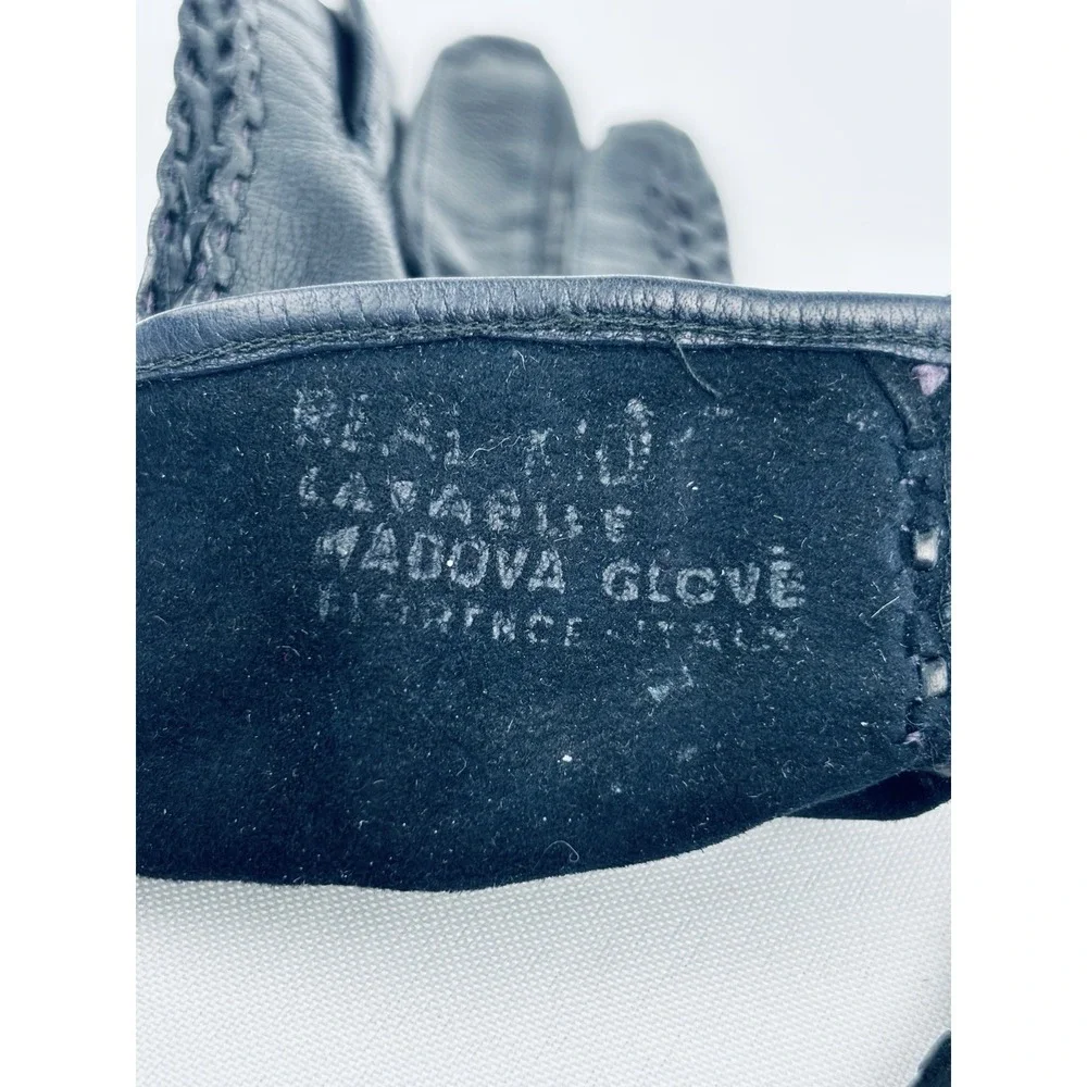 Vintage Madova Black Braided Kid Leather Women's Gloves Size 6.5 Florence Italy